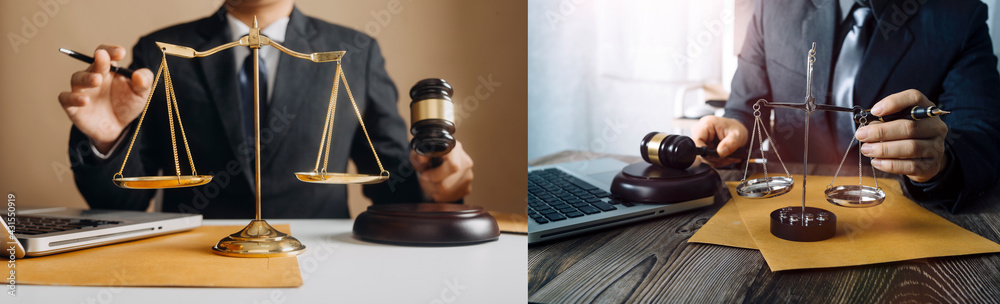 Wall mural justice and law concept.male judge in a courtroom with the gavel, working with, computer and docking