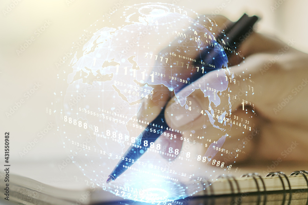 Poster double exposure of abstract creative programming illustration with world map and woman hand writing 