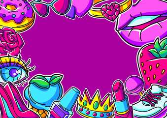 Frame with fashion girlish patches. Colorful cute teenage illustration.