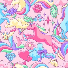 Seamless pattern with unicorns and fantasy items.