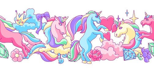 Seamless pattern with unicorns and fantasy items.