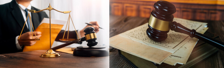 Business and lawyers discussing contract papers with brass scale on desk in office. Law, legal services, advice, justice and law concept picture with film grain effect