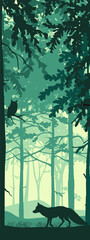 Vertical banner of forest landscape. Fox and owl in magic misty forest. Silhouettes of trees and animals. Blue, green, black background, illustration. Bookmark.