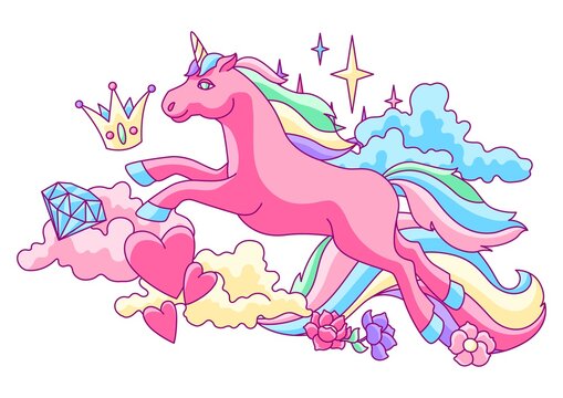 Print or card with unicorn and fantasy items.