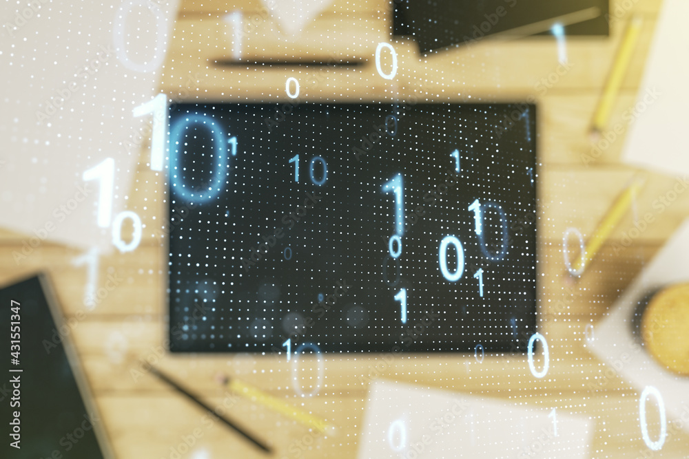 Poster creative abstract binary code sketch and modern digital tablet on background, hacking and matrix con