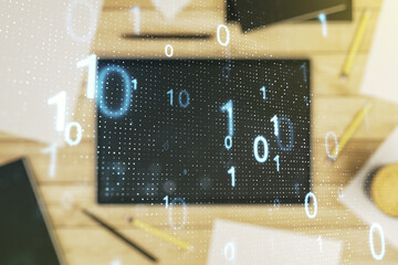 Creative abstract binary code sketch and modern digital tablet on background, hacking and matrix concept. Multiexposure