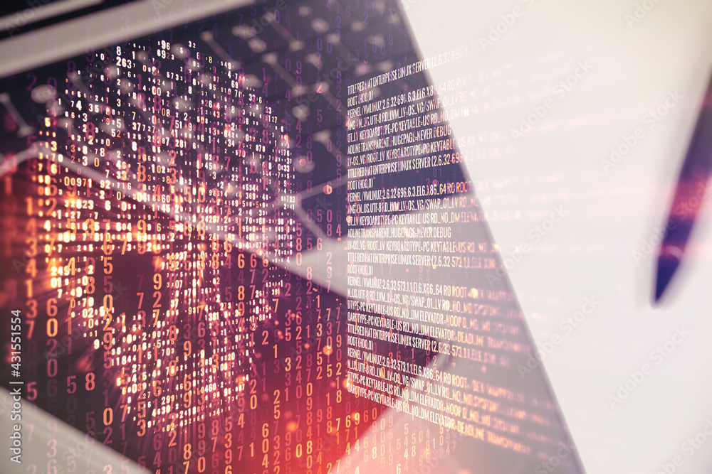 Leinwandbilder creative code skull hologram on modern computer background, cybercrime and hacking concept. multiexp