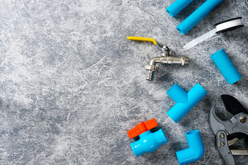 Plastic pipes for the water system, pipe cutting tool, Water faucet, Pipe thread seal tape. Repair...