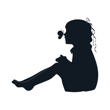 Little sitting girl silhouette with buttefly. Vector illustration.