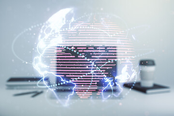 Double exposure of abstract digital world map with connections on computer background, big data and blockchain concept