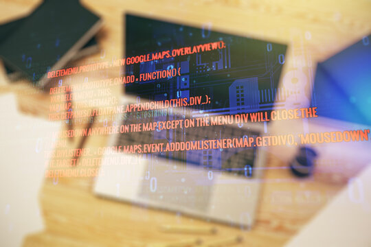 Multi exposure of abstract graphic coding sketch on modern computer background, big data and networking concept - Powered by Adobe