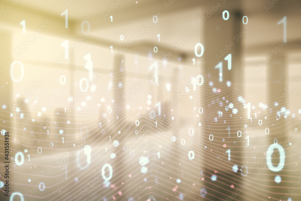 Poster abstract virtual binary code illustration on empty corporate office background. big data and coding 