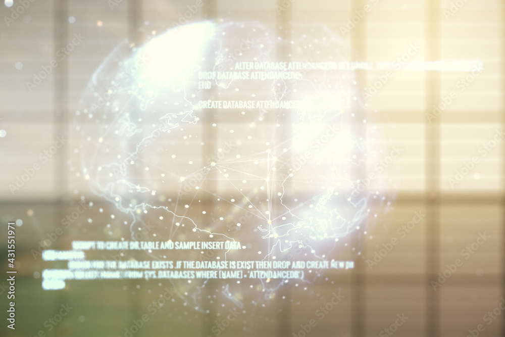 Aufkleber abstract virtual coding concept and world map hologram on empty corporate office background. multiex