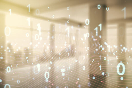Abstract virtual binary code illustration on empty corporate office background. Big data and coding concept. Multiexposure