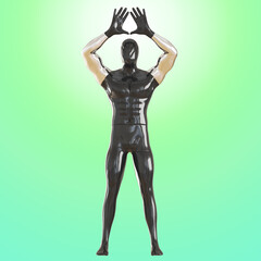 Black male mannequin with silvery hands and black palms on a turquoise background. 3d rendering