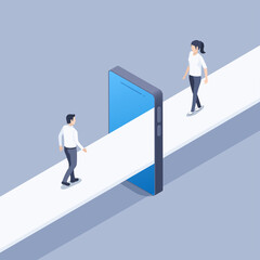 isometric vector illustration on gray background, online meeting, man and woman go to each other on the bridge via smartphone