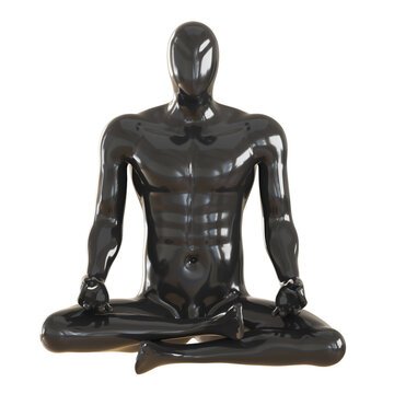 A black male faceless mannequin sits in a lotus position on a white background. Asana in yoga. Front view. 3d rendering