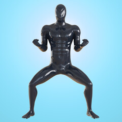 A black male mannequin with a patterned head crouched and holds his hands in fists. Front view. 3d rendering. Karate Pose