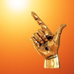 Golden figurine of a hand with an extended forefinger and thumb on an orange background. Pointing sign. 3d rendering