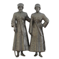 Fototapeta na wymiar Two metallic gray figures of Cossacks in uniforms on an isolated background. 3d rendering