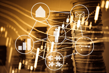 Charts of stock market instruments with various type of indicators and volume analysis for professional technical analysis on the monitor of a computer. Fundamental and technical analysis concept.