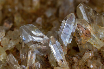 Terminated transparent quartz crystals, surrounded by smaller growths. From Arkansas, United...