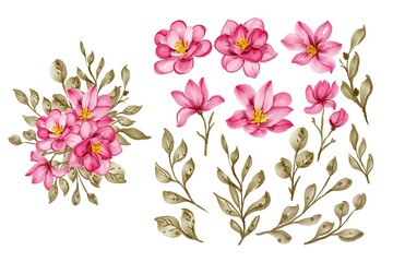 Fototapeta na wymiar set of rose burgundy flower and leaf isolated clip-art