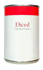 Closed can of DICED TOMATOES isolated on white background.