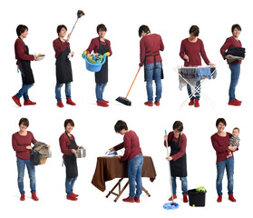 the same woman with the housework she has at home on white background