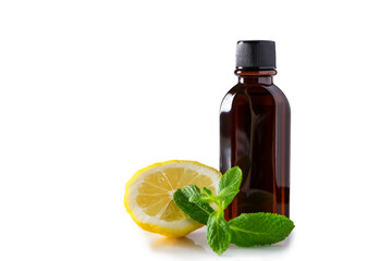 Aromatic oil with lemon and mint on white background. Product for relaxation and spa therapy.