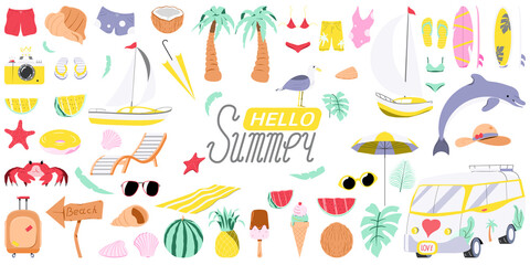 Set of cartoon summer elements. Collection of colorful beach items.  Bundle of summer vacation sticker icons. Holiday travel accessories. Cartoon vector illustration.