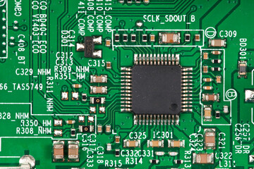 Electronic board with radio parts and chip processor from electronic device. Top view.