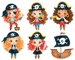 Cute cartoon pirate girls set. Pirate ship isolated on white background © Bonbonny
