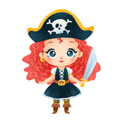 Cute cartoon pirate girl isolated on white background