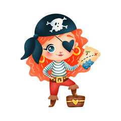 Cute cartoon pirate girl isolated on white background