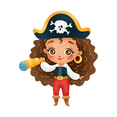 Cute cartoon african american pirate girl isolated on white background