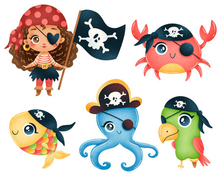Cute cartoon african american pirate girl and pirates animals octopus, crab, parrot, fish set isolated on white background