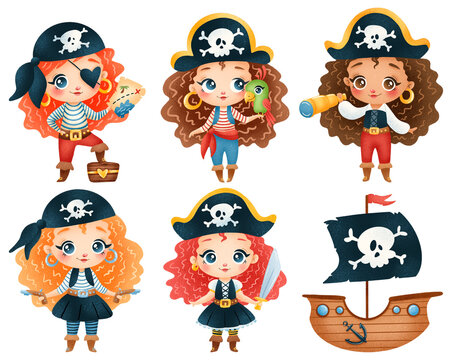 Cute cartoon pirate girls set. Pirate ship isolated on white background