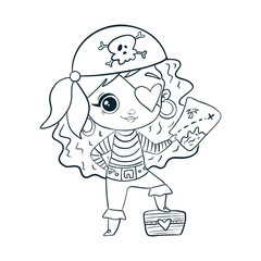 Doodle style pirate girl isolated on white background. Coloring page pirate girl