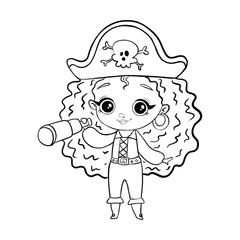 Doodle style pirate girl isolated on white background. Coloring page pirate girl