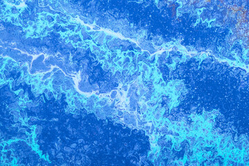 Sea waves pattern, modern fluid art, blue painted background, turquoise paint texture. Liquid marble effect, indigo ink. Summer colored wallpaper. Trendy aqua wash drawing. Creative design, water flow
