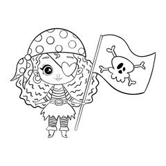 Doodle style pirate girl isolated on white background. Coloring page pirate girl