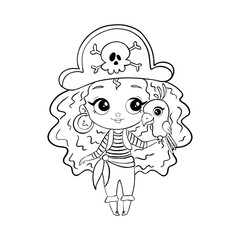 Doodle style pirate girl isolated on white background. Coloring page pirate girl
