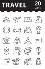Travel icons. Tourism concept. Simple linear vector symbols.
