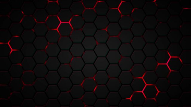 Abstract Futuristic background with hexagons . dark sci-fi hi-tech animation with moving red lights . 4k