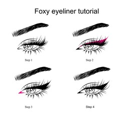 Step by step foxy eyeliner tutorial isolated on white background. Template for salon, social media, packaging 