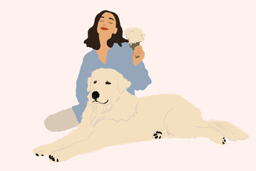 Woman grooming her big white dog at home with hairbrush. Animal care. Vector illustration