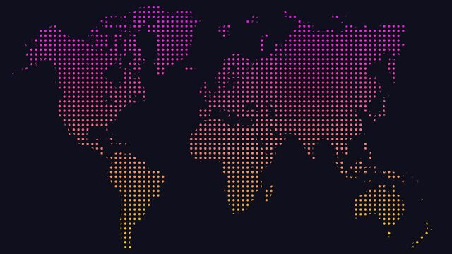 Dotted World map in warm gradient on transparent background. The map appears and disappears on the alpha channel.