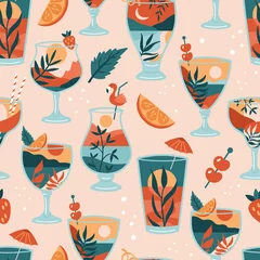 Foto op Plexiglas Boho summer seamless pattern background with cocktail glasses and abstract beach landscape. Summer template for wrapping paper, wallpaper and cards design © girafchik