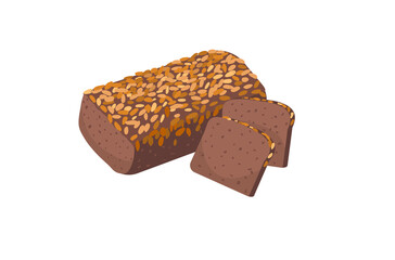 Rye grain bread. Slices of bread on a white background. Isolated object. Loaf, rye, whole grain. Bakery products. Food, cartoon style. Vector illustration